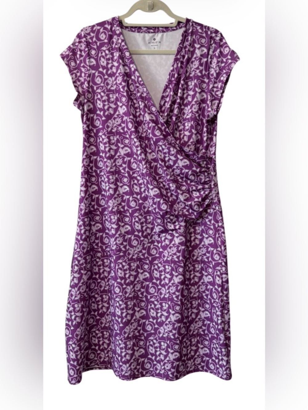 Athleta Nectar women’s Large short sleeve faux wrap purple & white paisley dress